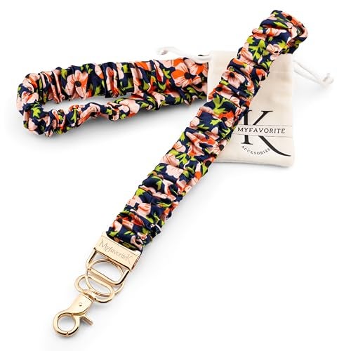 MyfavoriteK Stylish Scrunchie Lanyard for ID Badges Cute Neck Stretchy Lanyard for Keys Retractable Keychain Holder (Midnight Garden) - Image 1
