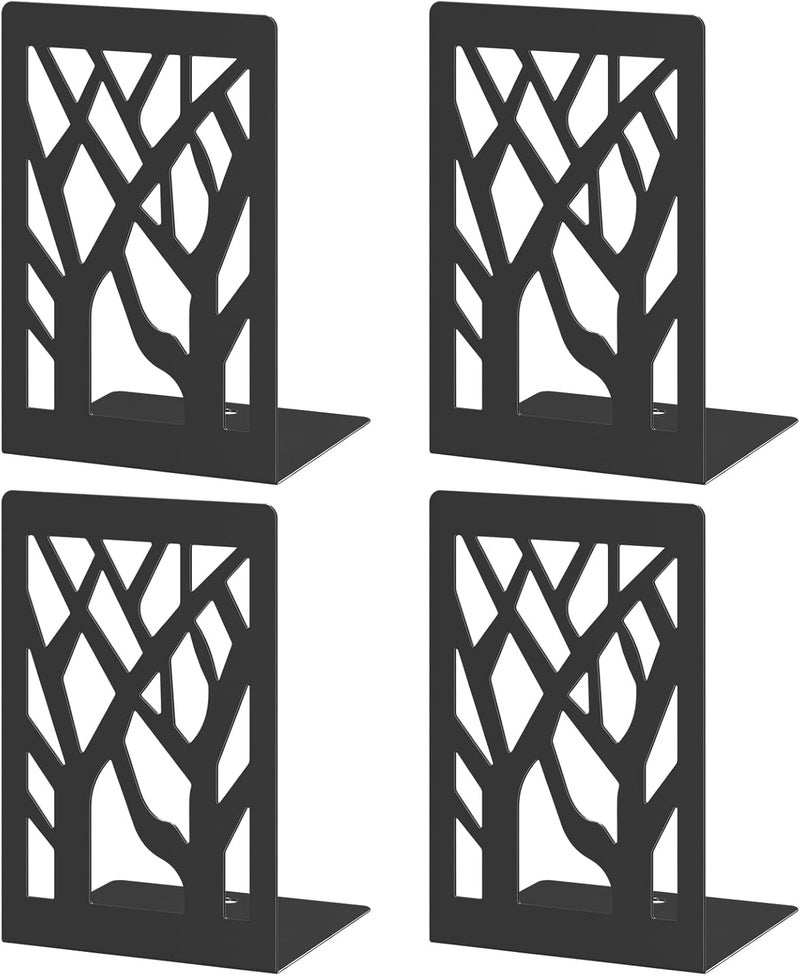 VFINE Bookends 4 Pieces, Modern Metal Bookends for Shelves, Black Tree Book Ends for Books, Decorative Book Organizer for Desk, Non-Skid Shelve Bookends for Home Office - Image 1