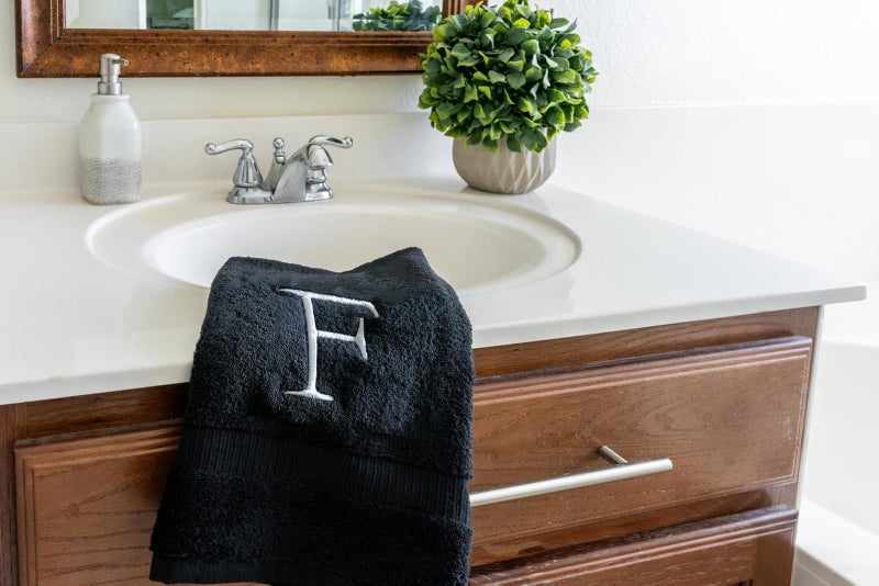 Decorvo Black Monogrammed Hand Towel for Bathroom - Initial Hotel Quality Decorative Embroidered Luxury Towel for Powder Room  Spa - GOTS Organic Certified - Set of 2 Letter F  - Image 3