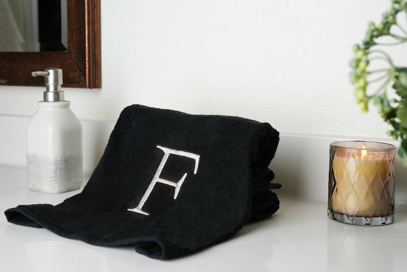 Decorvo Black Monogrammed Hand Towel for Bathroom - Initial Hotel Quality Decorative Embroidered Luxury Towel for Powder Room  Spa - GOTS Organic Certified - Set of 2 Letter F  - Image 4