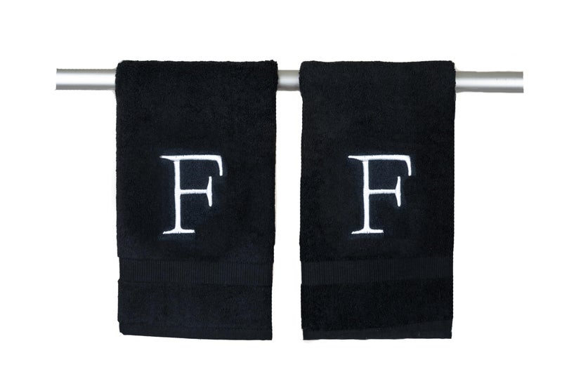 Decorvo Black Monogrammed Hand Towel for Bathroom - Initial Hotel Quality Decorative Embroidered Luxury Towel for Powder Room  Spa - GOTS Organic Certified - Set of 2 Letter F  - Image 1