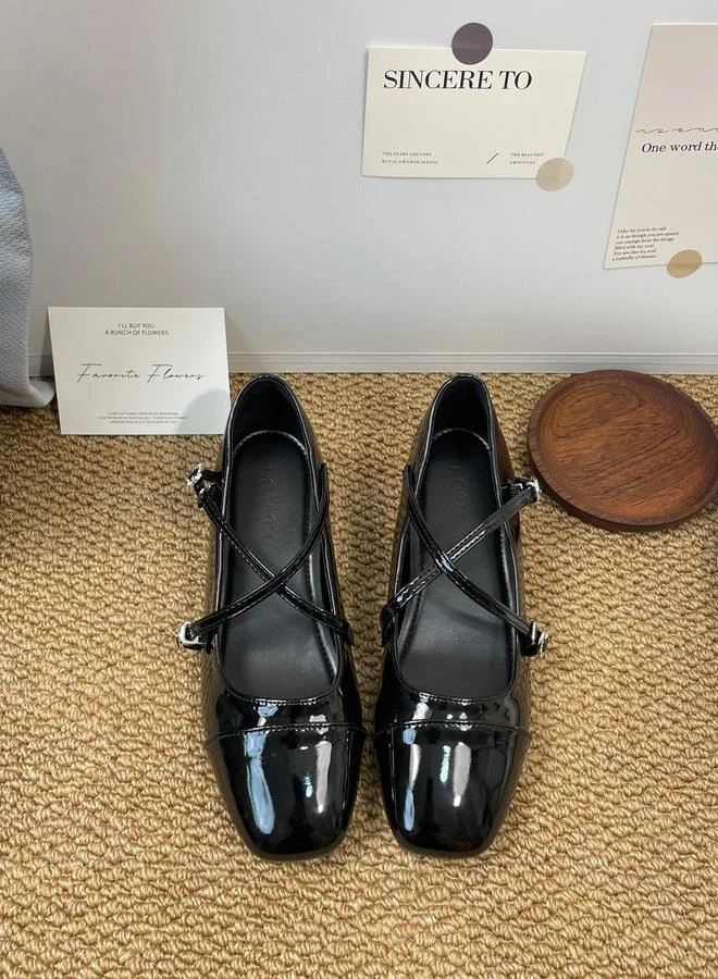 Take Two Black Square Toe Tie-Up Patent Leather Shoes