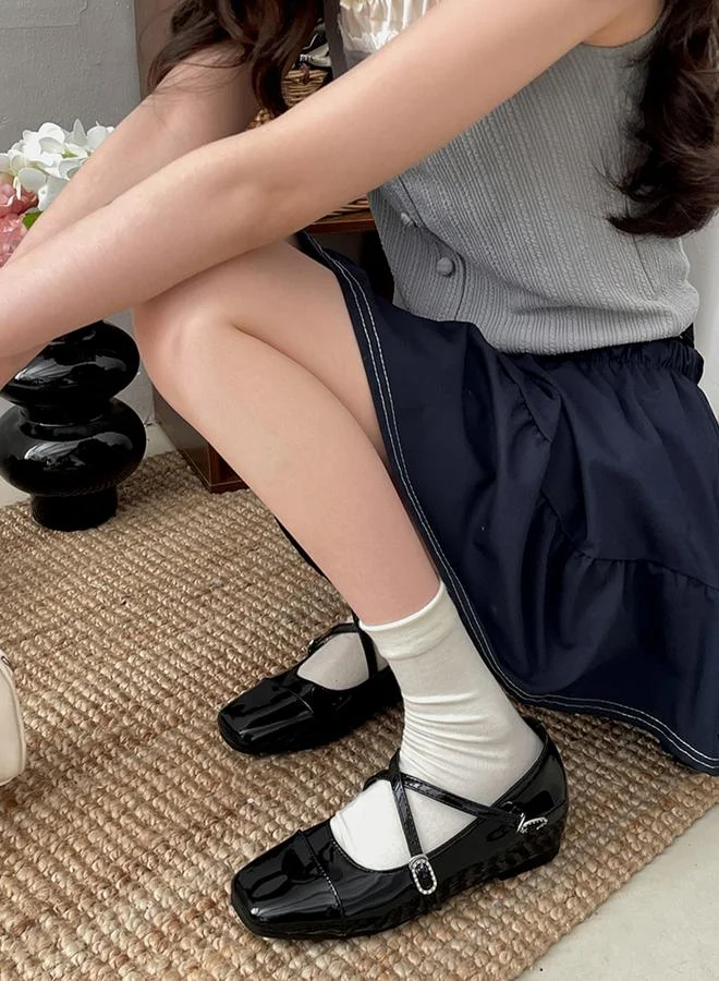 Take Two Black Square Toe Tie-Up Patent Leather Shoes
