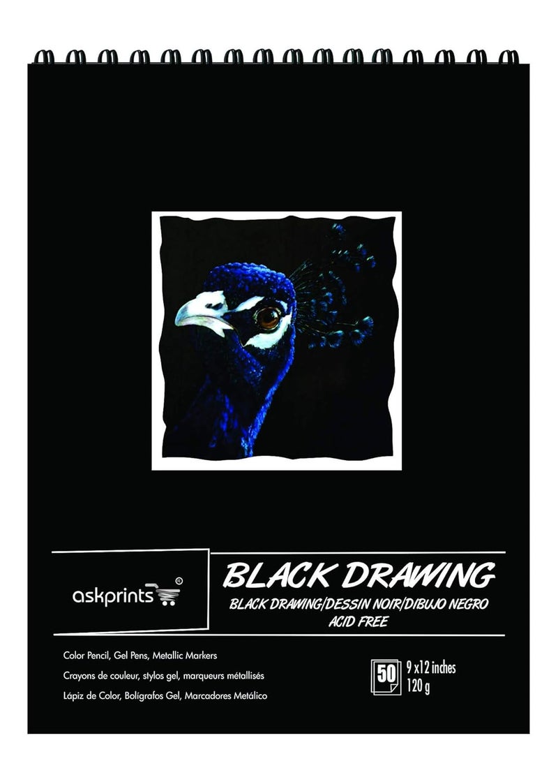 Askprints Askprints Black Drawing Paper for Pencil Acrylic Marker Opaque Inks Gouache and Pastels Top Wiro 9 x 12 Inch Black 50 Sheets 