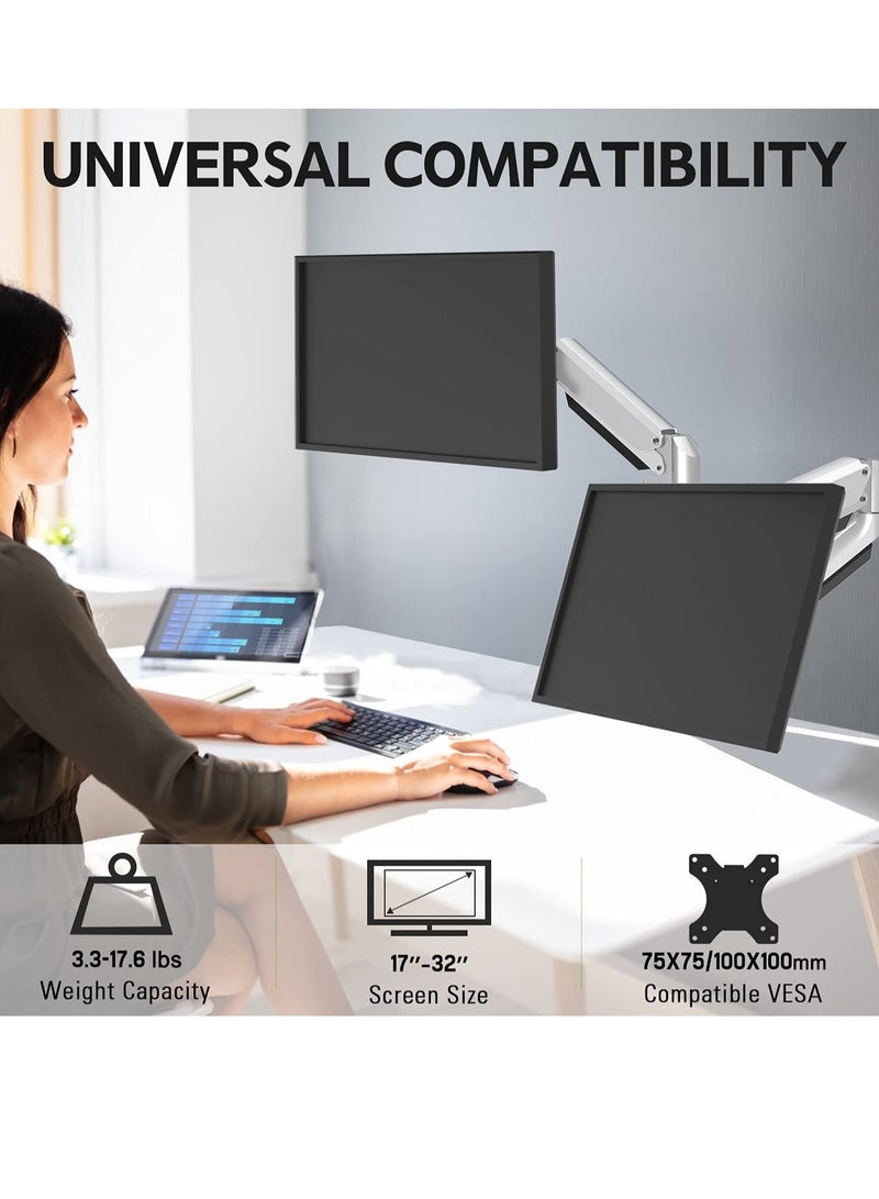 Dual Monitor Desk Mount, Die-Cast Aluminum Fully Adjustable Double Monitor Arm with Gas Spring, Computer Monitor Stand Fits 2 Screen 17 to 32 inch - Each Arm Holds up to 17.6LBS, - Image 2