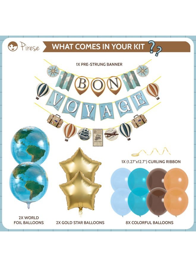 PIRESE Bon Voyage Party Decorations, Travel Party Decorations | Farewell, Travel-themed Birthday, Retirement | Includes Banner, Balloons, Stars & Globe Balloons | Brown, Blue, Gold - Image 2