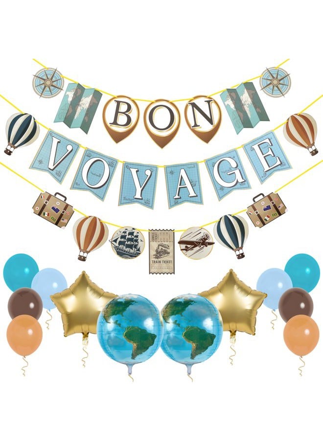 PIRESE Bon Voyage Party Decorations, Travel Party Decorations | Farewell, Travel-themed Birthday, Retirement | Includes Banner, Balloons, Stars & Globe Balloons | Brown, Blue, Gold - Image 1