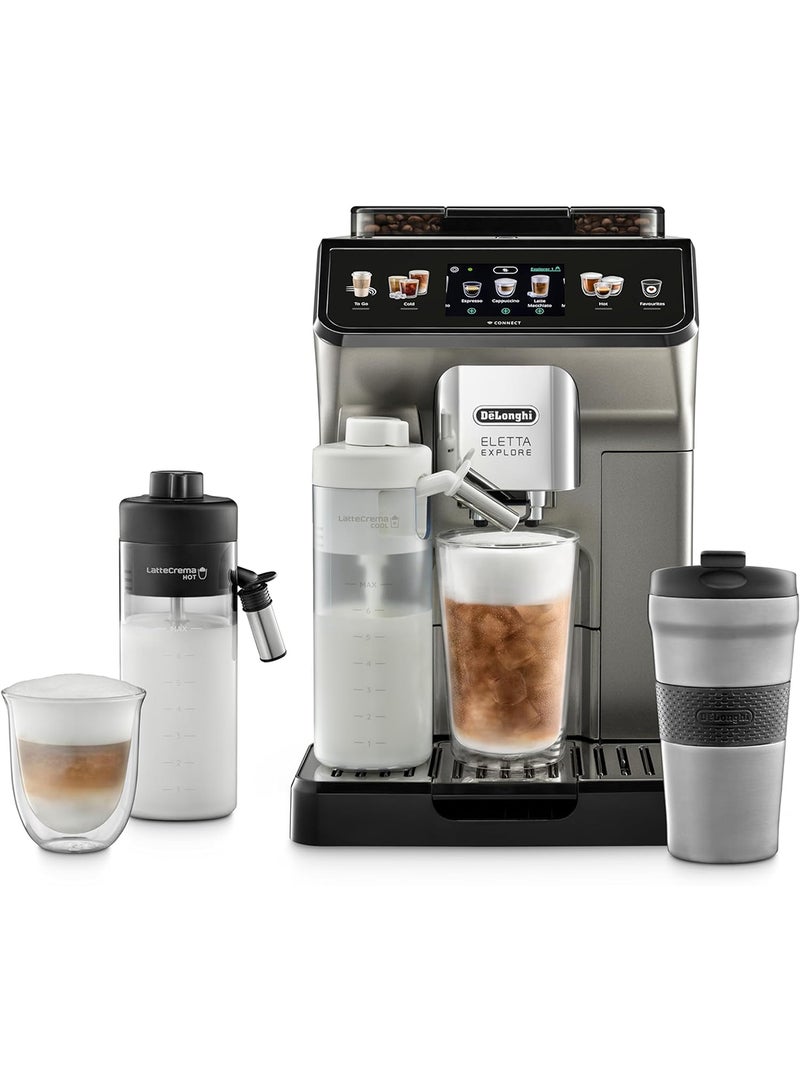 De'Longhi Eletta Explore Bean to Cup coffee machine with Latte cream Hot And Cool Technology, Cold Extraction Technology, With 3.5"TFT Display And Soft Control, Wifi Connectivity 1.8 L 1450 W ECAM450.86.T Titanium - Image 1
