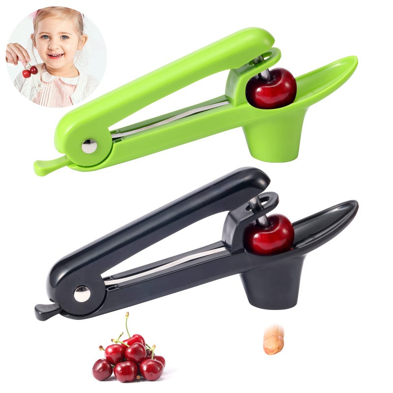 2 Packs Cherry Pitter Tools Cherry Seed Core Remover Olives Pitter Tool Stainless Steel Cherries Corer with SpaceSaving Lock Design Black  Green