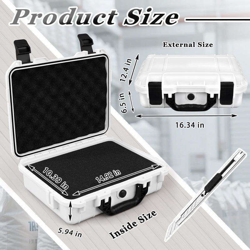 Relaxweex 1 Pcs 16.3 x 12.4 x 6.5 Inch Waterproof Hard Case with DIY Customizable Foam Insert Portable Protective Case with Knife for Camera Drones Equipments Tools Test Instruments (White) - Image 2