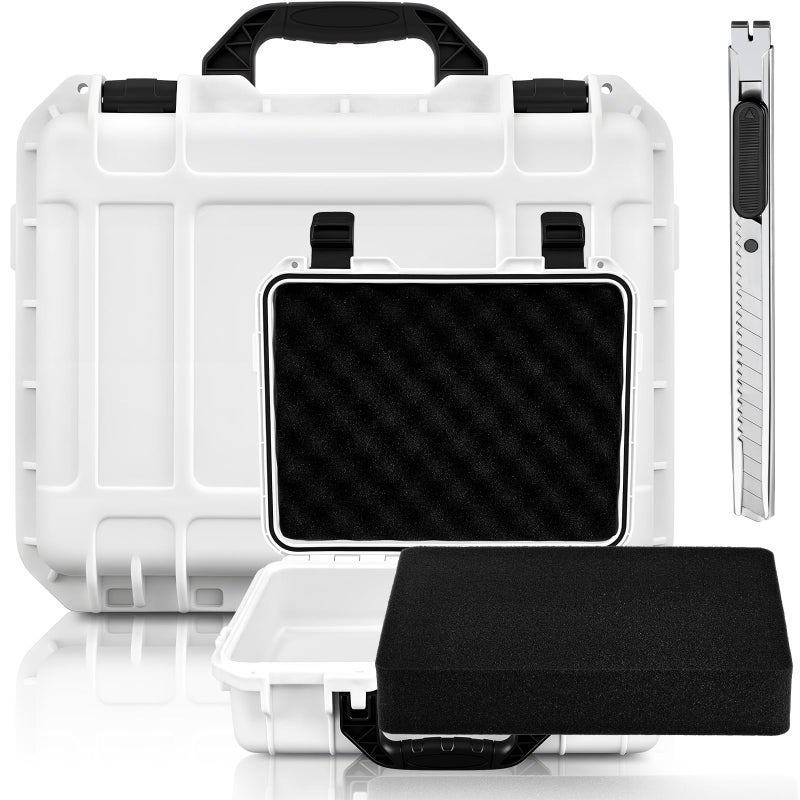 Relaxweex 1 Pcs 16.3 x 12.4 x 6.5 Inch Waterproof Hard Case with DIY Customizable Foam Insert Portable Protective Case with Knife for Camera Drones Equipments Tools Test Instruments (White) - Image 1