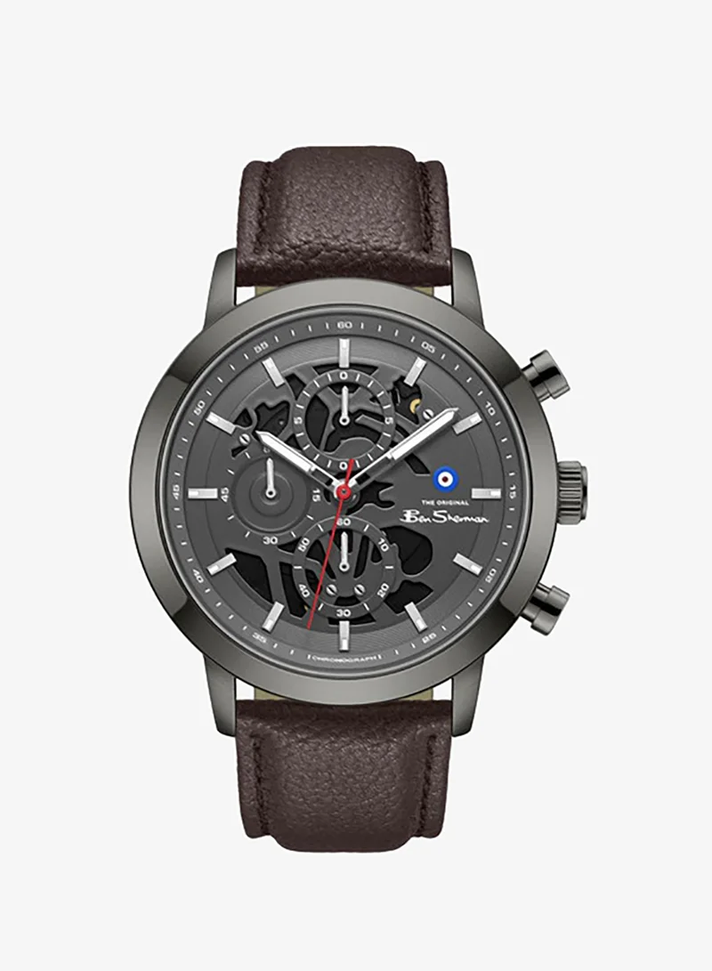 Ben Sherman Nottingham Gunmetal Dial Brown Genuine Leather Strap Chronograph Watch for Men, 44mm