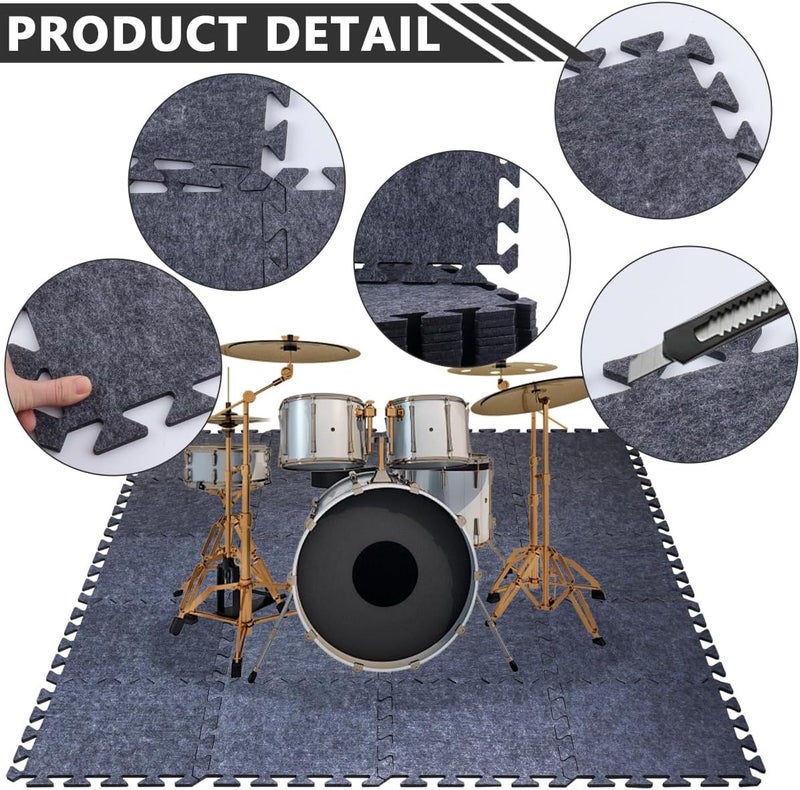 Terukir 20 Pcs Thick Sound Absorbing Interlocking Floor Mats, 11.8 x 11.8 x 0.32 inches High Density Piano Carpet Drum Rug, Non-Slip Anti Vibration Soundproof Pads Acoustic Blankets for Music Studio, Grey - Image 4