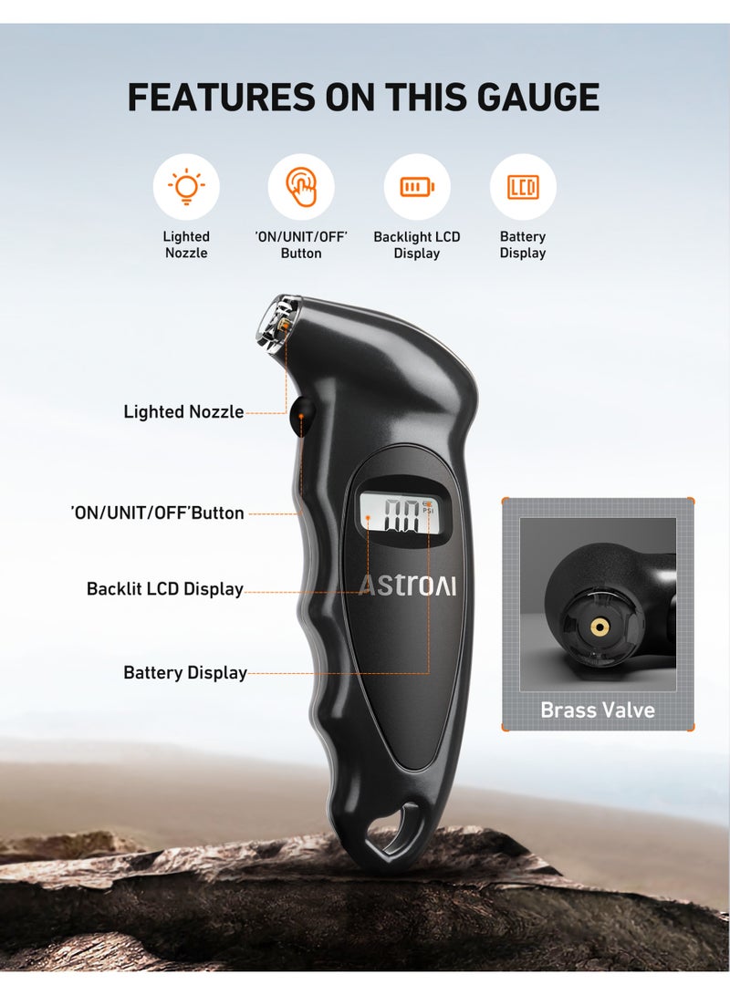AstroAI AstroAI Digital Tire Pressure Gauge 150 PSI 4 Settings for Car Truck Bicycle with Backlit LCD and Non-Slip Grip Tyre Pressure Checker  - Image 3