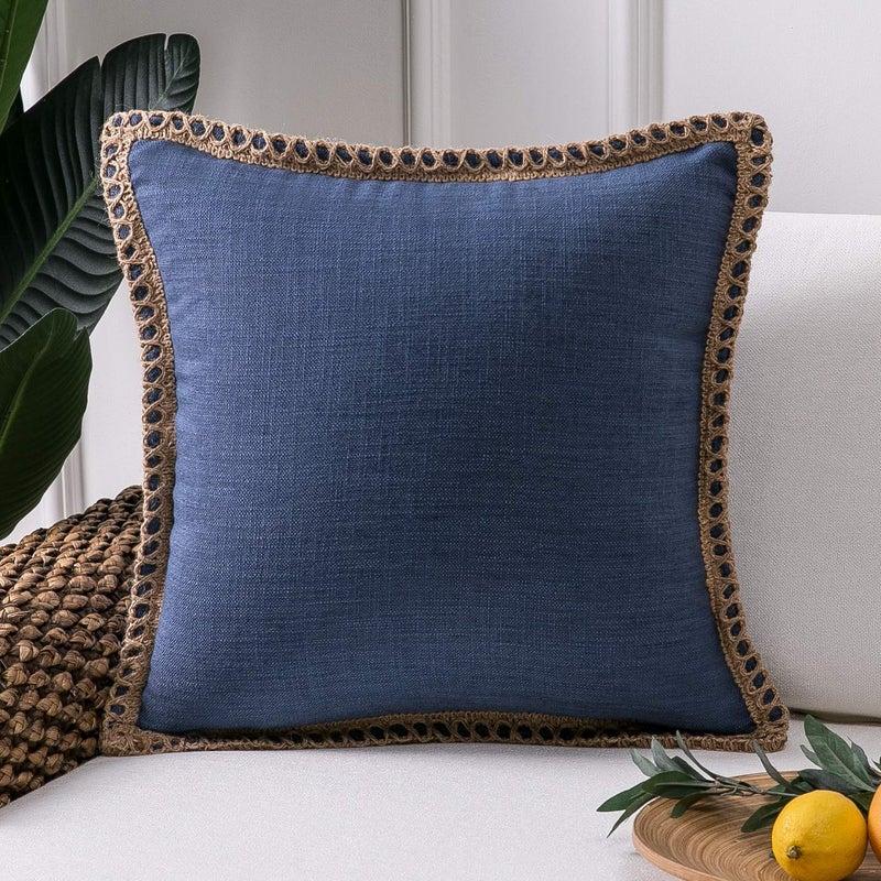 Phantoscope Farmhouse Solid Throw Decorative Pillow Cover Burlap Linen Trimmed Tailored Edges Outdoor Pillow Navy Blue 20 x 20 inches 50 x 50 cm Pack of 1 - Image 1