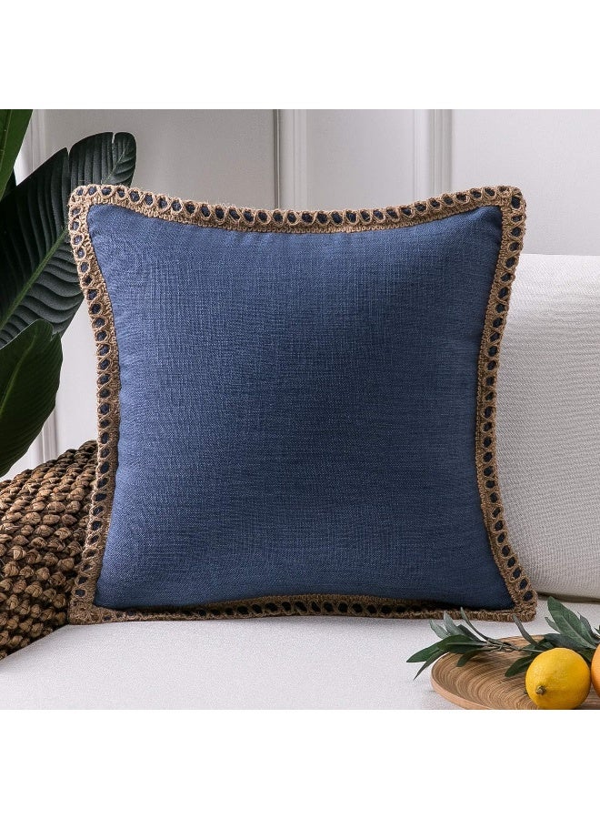 Phantoscope Farmhouse Solid Throw Decorative Pillow Cover Burlap Linen Trimmed Tailored Edges Outdoor Pillow Navy Blue 20 x 20 inches 50 x 50 cm Pack of 1 - Image 3