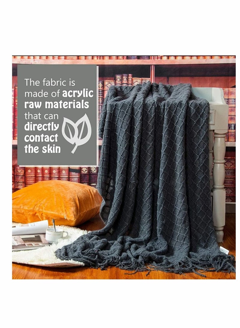 Acrylic Knitted Throw Blanket Lightweight and Soft Cozy Decorative Woven Blanket with Tassels for Travel Couch Bed Sofa Available All Year Round 51 x 67 Inch Dark Grey - Image 5