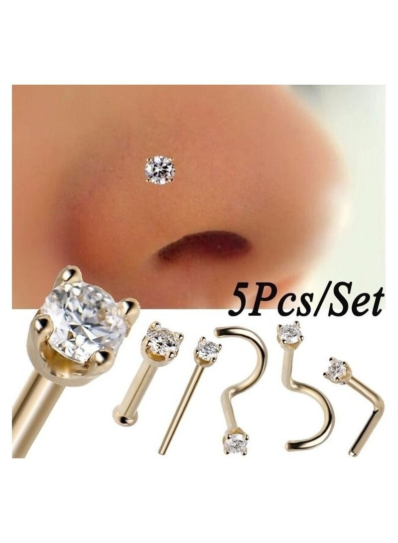 5 Pieces/Set Steel Crystal 7-Shaped Nose Ring Piercing Nose Nail - Image 1