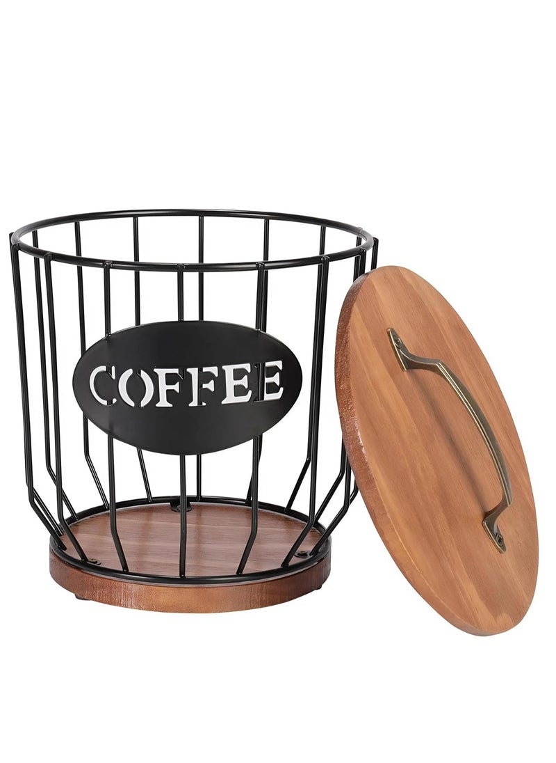 Cozy Nest - Coffee Pod Holder with Wooden Lid and Base K-Cup Storage and Coffee Capsule Organizer Basket Durable Black Metal Coffee Pod Storage for Kitchen Counter Stylish Coffee Pod Organizer Rack with Antique Style Handle - Image 1