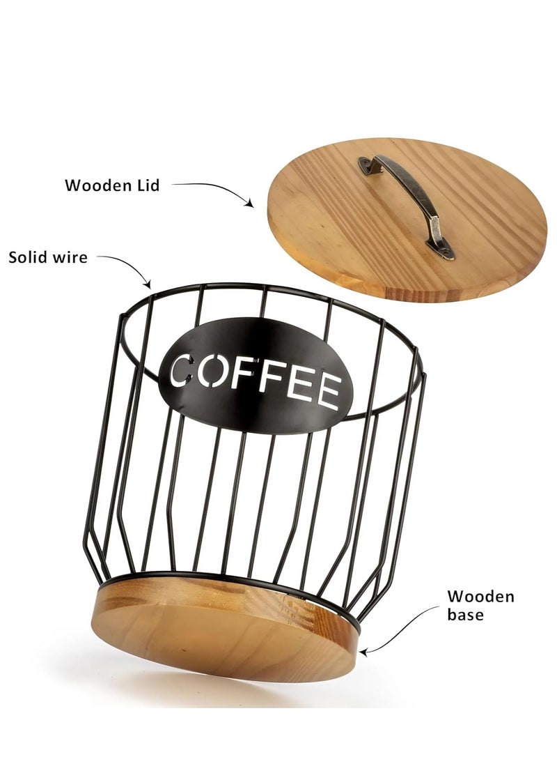 Cozy Nest - Coffee Pod Holder with Wooden Lid and Base K-Cup Storage and Coffee Capsule Organizer Basket Durable Black Metal Coffee Pod Storage for Kitchen Counter Stylish Coffee Pod Organizer Rack with Antique Style Handle - Image 1