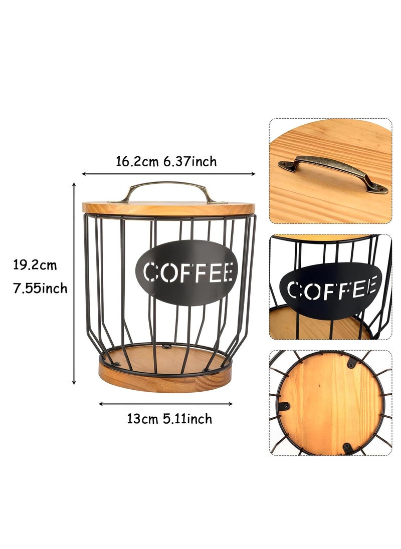 Cozy Nest - Coffee Pod Holder with Wooden Lid and Base K-Cup Storage and Coffee Capsule Organizer Basket Durable Black Metal Coffee Pod Storage for Kitchen Counter Stylish Coffee Pod Organizer Rack with Antique Style Handle - Image 1