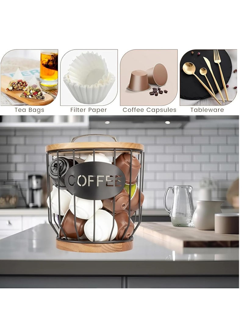 Cozy Nest - Coffee Pod Holder with Wooden Lid and Base K-Cup Storage and Coffee Capsule Organizer Basket Durable Black Metal Coffee Pod Storage for Kitchen Counter Stylish Coffee Pod Organizer Rack with Antique Style Handle - Image 1