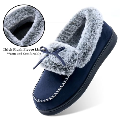 DL Women's Fuzzy Warm Moccasin Memory Foam Slippers, Soft Fluffy Winter House Closed Back Fur Lined, Cozy Ladies Suede Indoor Bedroom Houseshoes Non-Slip Navy Size 8 - Image 4