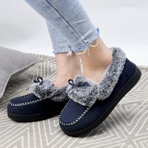 DL Women's Fuzzy Warm Moccasin Memory Foam Slippers, Soft Fluffy Winter House Closed Back Fur Lined, Cozy Ladies Suede Indoor Bedroom Houseshoes Non-Slip Navy Size 8 - Image 2