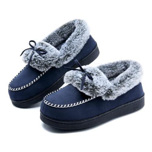 DL Women's Fuzzy Warm Moccasin Memory Foam Slippers, Soft Fluffy Winter House Closed Back Fur Lined, Cozy Ladies Suede Indoor Bedroom Houseshoes Non-Slip Navy Size 8 - Image 1