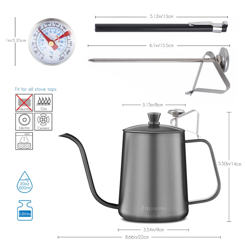 Easyworkz Gage Gooseneck Pour Over Coffee Kettle 20 oz with Thermometer Stainless Steel Hand Drip Coffee Pot With Long Narrow Spout - Image 2
