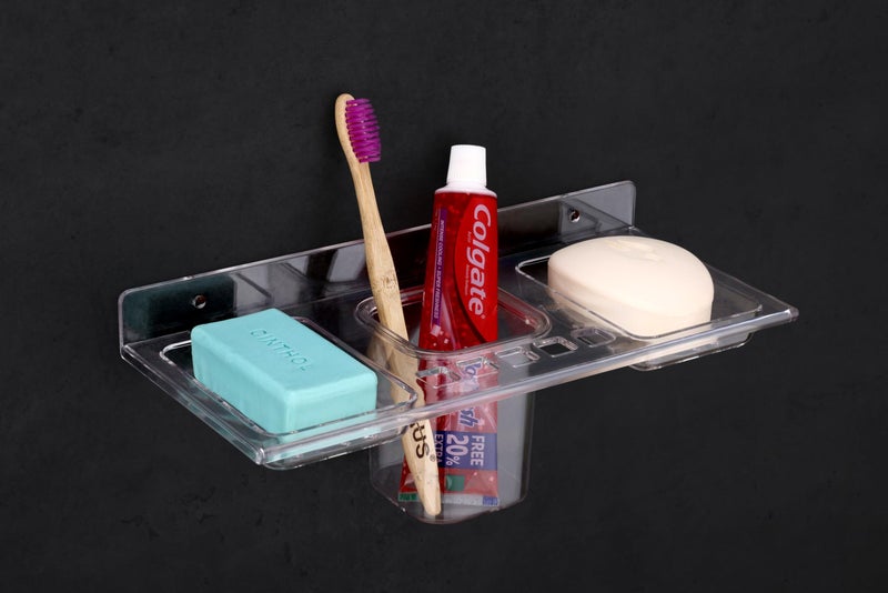 HAPPI Unbreakable PC Plastic 4 in 1 Soap Dish Holder Glass Tumbler and Tooth Brush Holders, Soap Stand, Soap Case, Soap Holder Stand Wall Mounted for Bathroom (Clear) - Image 3