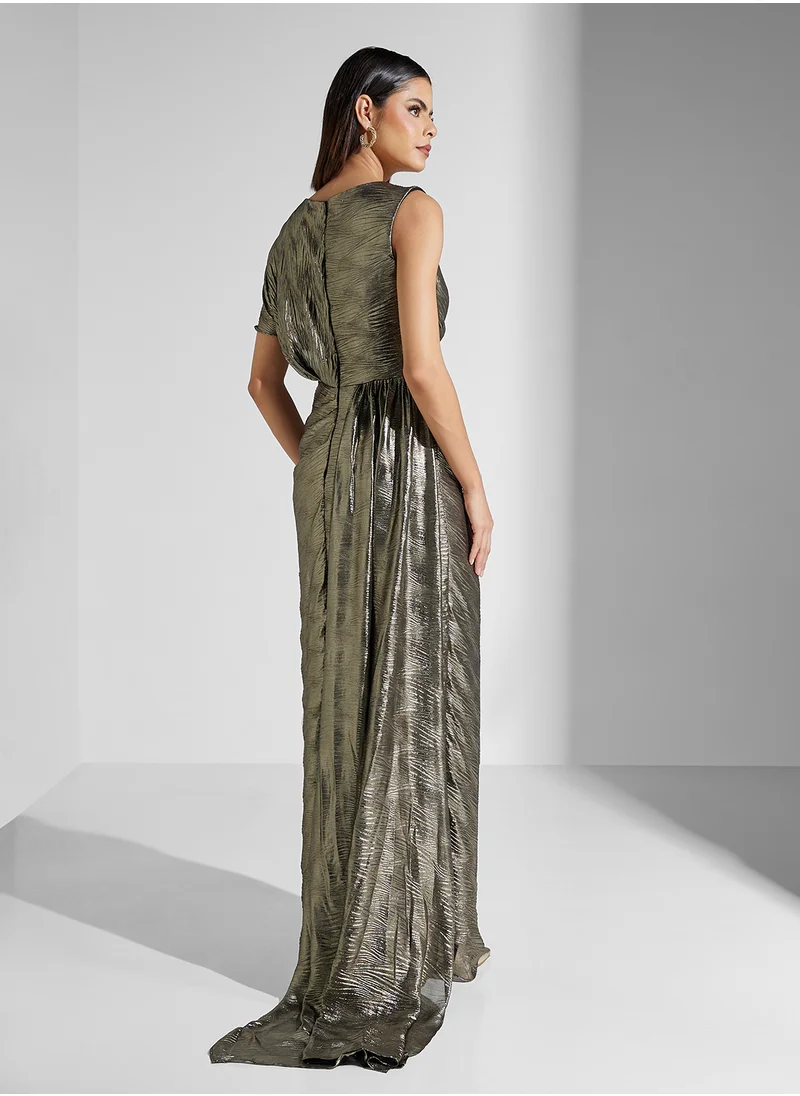 Namshi x Draped Metallic Bodycon Dress With Trail