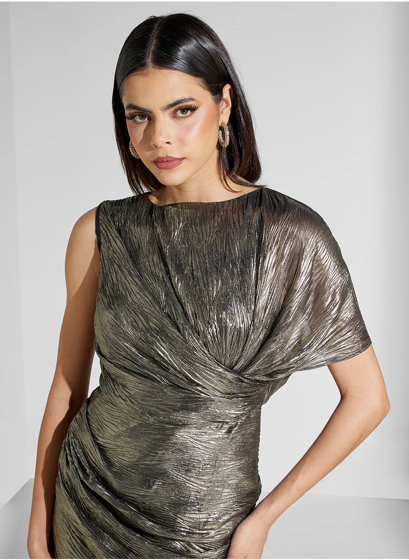 Namshi x Draped Metallic Bodycon Dress With Trail