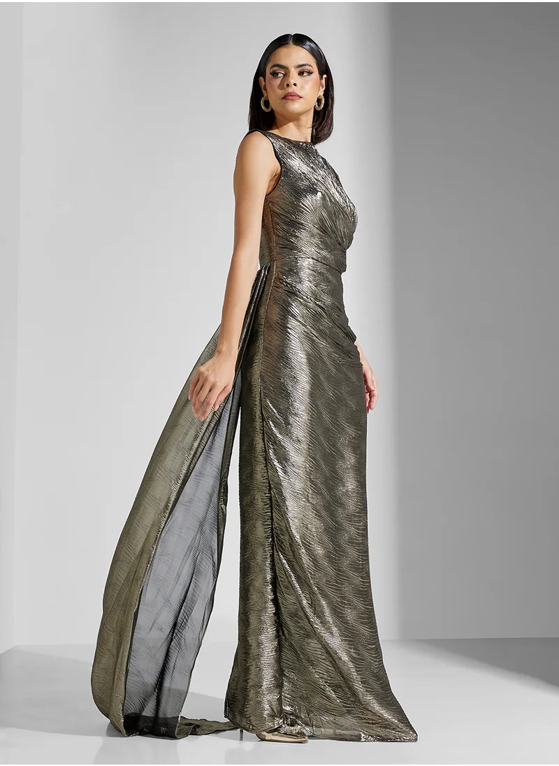 Namshi x Draped Metallic Bodycon Dress With Trail