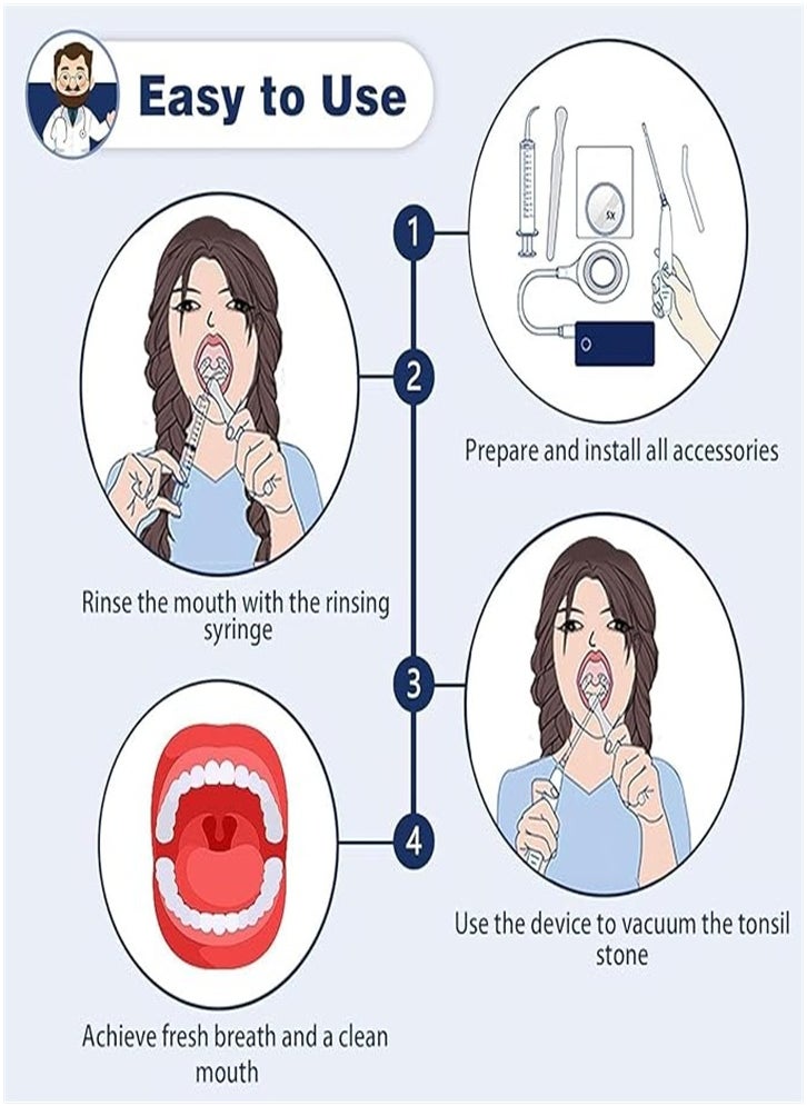 Electronic tonsil stone removal kit with vacuum cleaner, 3 suction settings, USB charging, easily removes bad breath, suitable for travel and home use