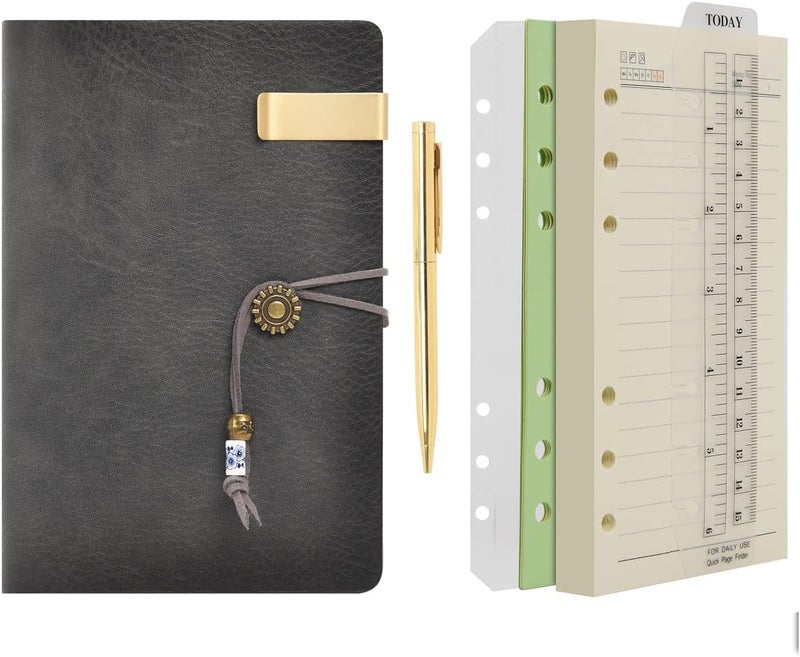 WONDERPOOL Leather Journal A6 Refillable 6 Ring Binder Notebook with Lined Paper and Pen,Writing Diary for Work Travel and Agenda Plan (A6, Grey) - Image 1
