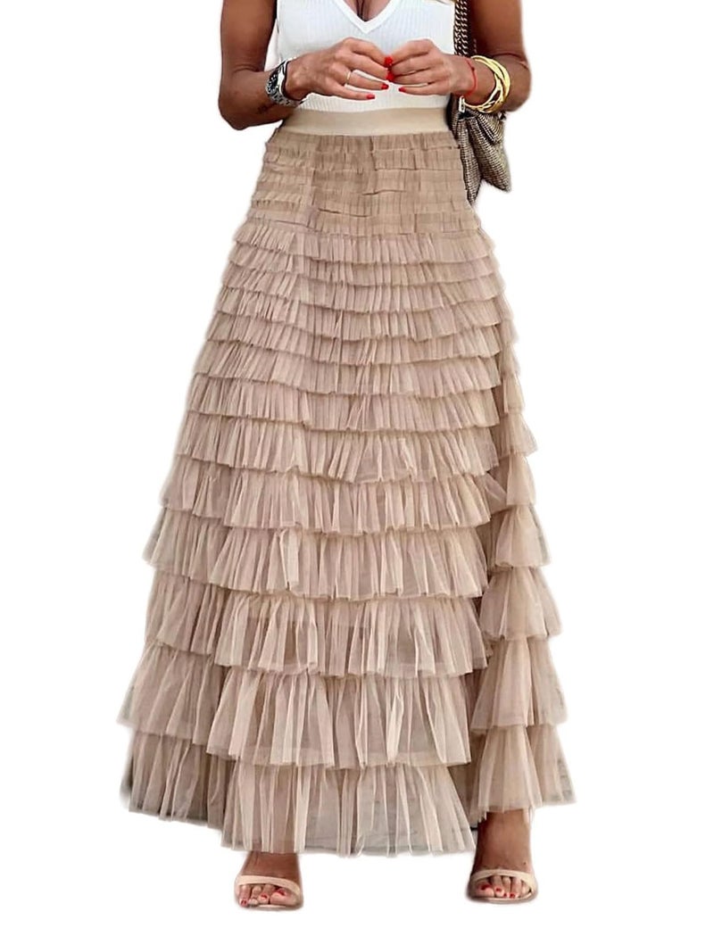 Flygo Women's Long Maxi Tulle Skirts A Line Ruffle High Waisted Tiered Layered Mesh Tutu Skirt Petticoat(Champagne-XL) - Image 1