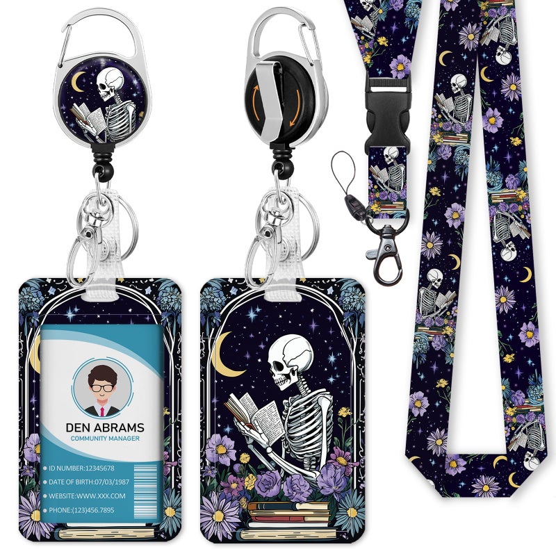 Piefly Lanyards for Id Badges, Funny Badge Holder with Retractable Badge Reel Clip, Skull Skeleton Reading Book Card Name Tag Lanyard Vertical ID Card Protector for Women Nurse Doctor Teacher Student - Image 1