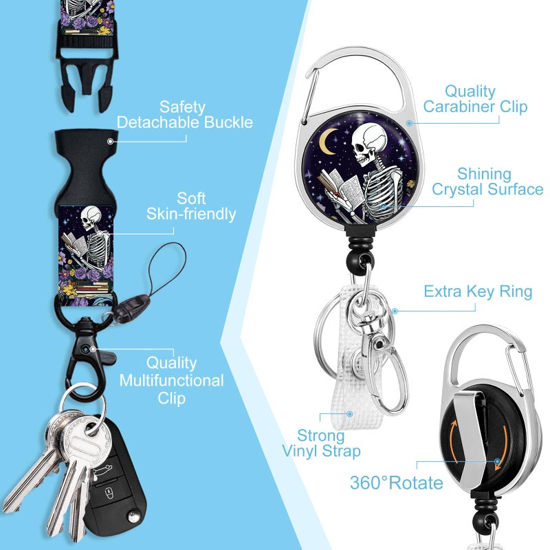 Piefly Lanyards for Id Badges, Funny Badge Holder with Retractable Badge Reel Clip, Skull Skeleton Reading Book Card Name Tag Lanyard Vertical ID Card Protector for Women Nurse Doctor Teacher Student - Image 4