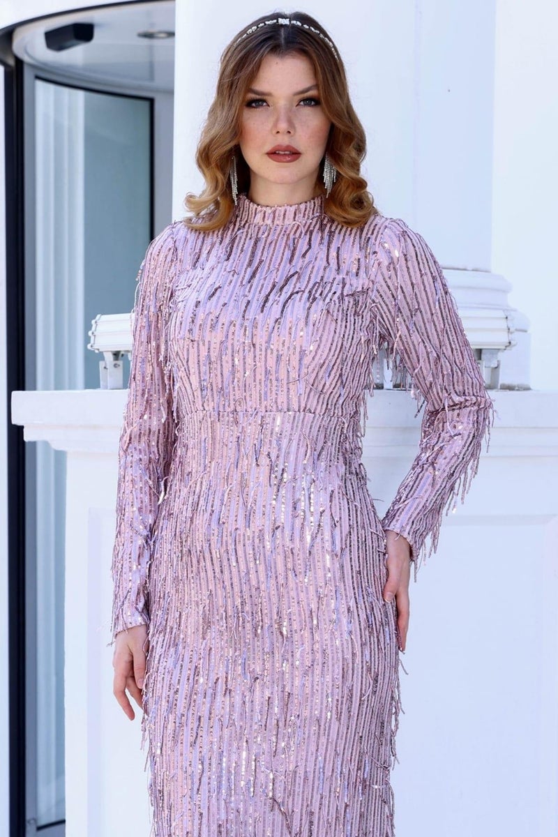 Esilanur Sparkling Hijab Evening Dress Lilac  - Image 2