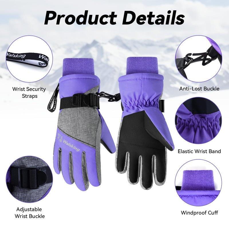 WALSKING Kids Waterproof Winter Thinsulate Warm Cold Weather Winter Snow Ski Gloves-Fits Boys and Girls Youth Child Outdoor - Image 2