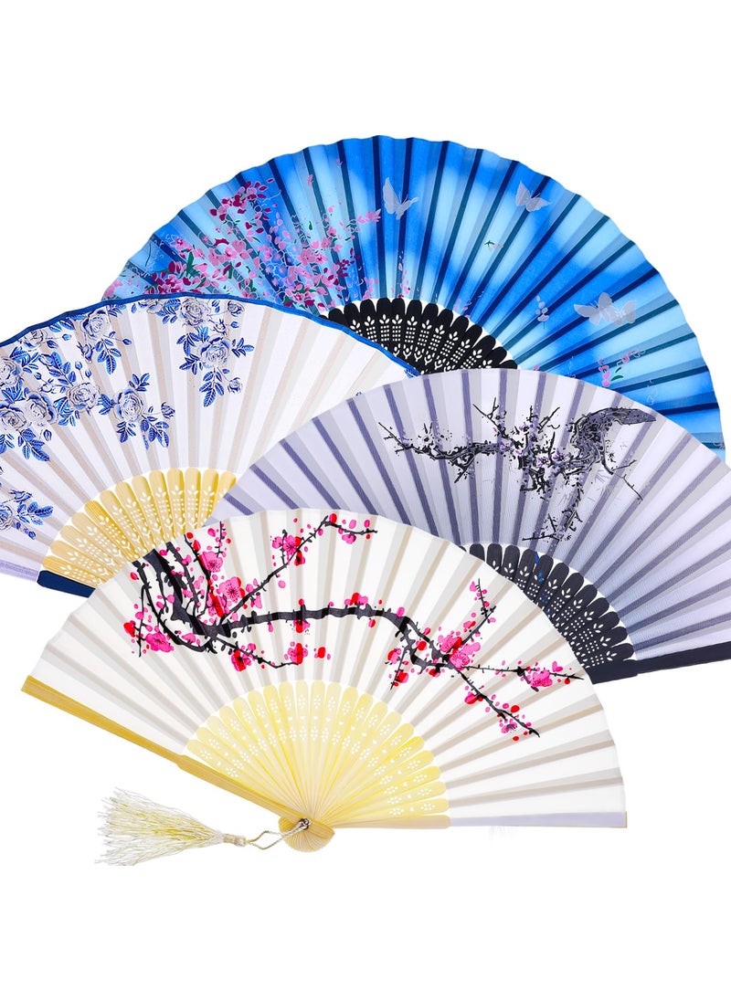 Zonon Zonon 4 Pack Handheld Floral Folding Fans Hand Held Silk Bamboo Fans with Tassel Women Hollowed Hand Foldable Fan with Fabric Sleeve for Dancing Wedding Decoration GiftsAdorable 