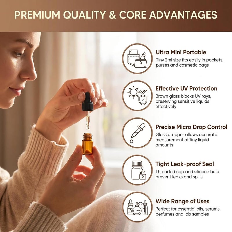 ericotry 2ml 5/8 Dram Refillable Amber Glass Essential Oil Bottles with Glass Eyed Droppers Makeup Cosmetic Sample Container Bottle Jar for Essential Oil Aromatherapy Use Pack of 12 (2ml) - Image 4