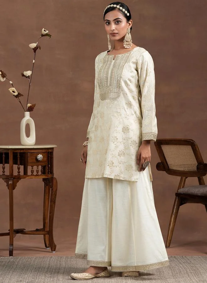 Libas Off White Woven Design Silk Blend Straight Kurta, Palazzo And Dupatta Set