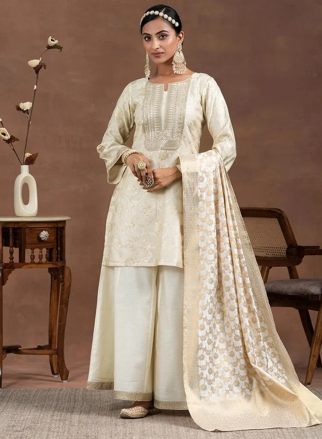 Libas Off White Woven Design Silk Blend Straight Kurta, Palazzo And Dupatta Set