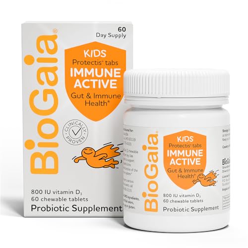 BioGaia Immune Active Kids Probiotic Vitamin D for Digestive Immune Health Ages 3 Allergen Dairy Soy Gluten Free Trusted by Pediatricians 60 Day Supply Orange Flavored Chewable