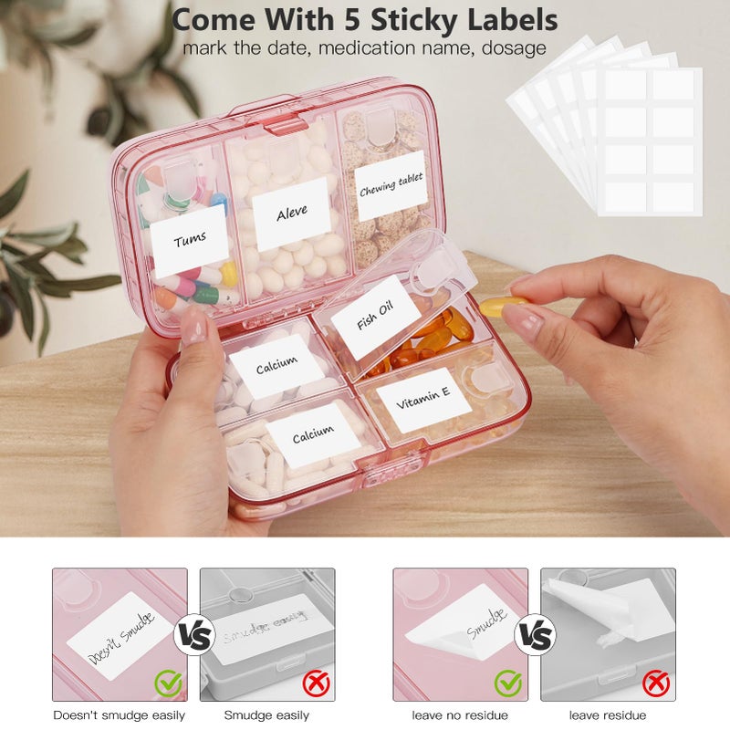 FYY Weekly Pill Organizer with Labels,8 Compartments Travel Daily Pill Case Airtight Moistureproof Large Pill Box to Hold Vitamins, Fish Oil, Supplements,Cotton Swab and Bandages-Pink - Image 5