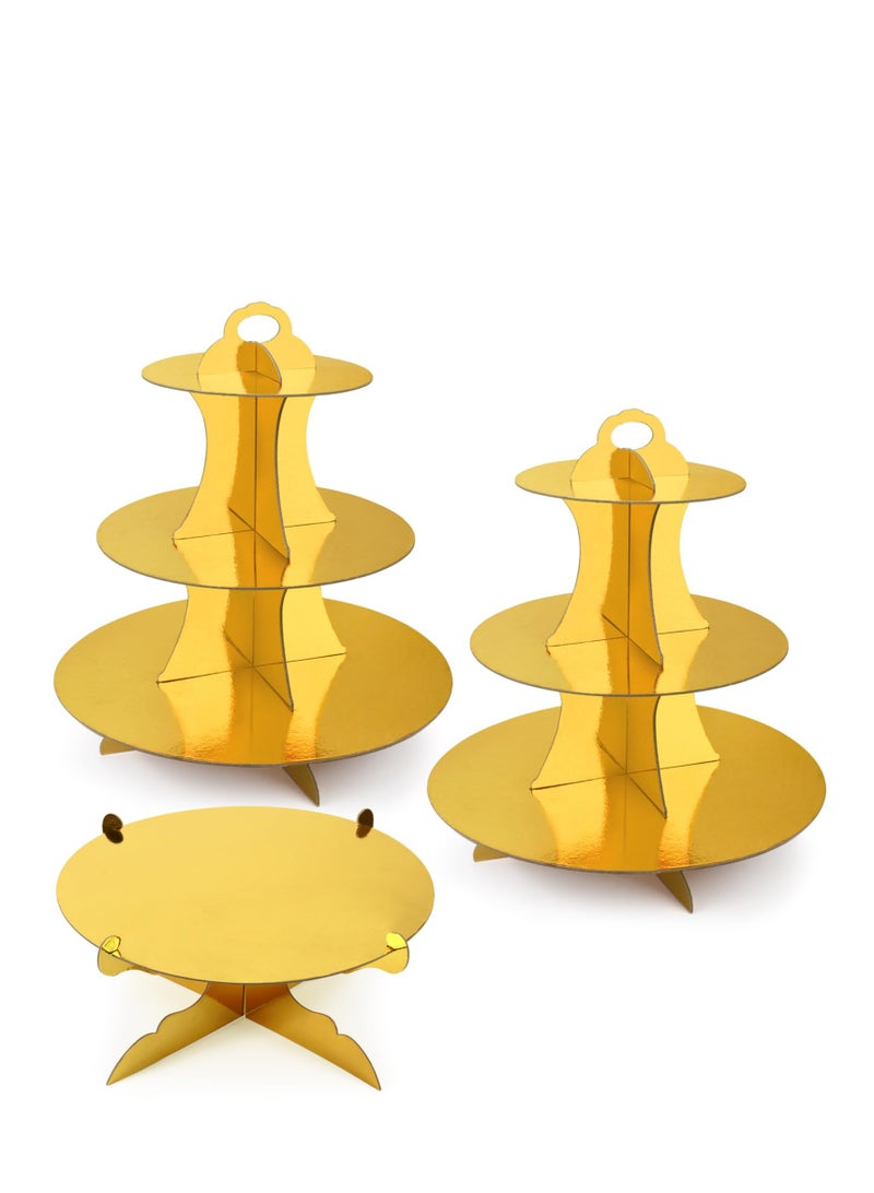 Zikra 3 PCS Cardboard Cupcake Stand 2 Set of 3 Tier Cupcake Stand for 24 Cupcakes and 1 Large Cake Display Serving Tray Cupcake Tower Set for Wedding Baby Shower Birthday Party Decor, Gold - Image 1