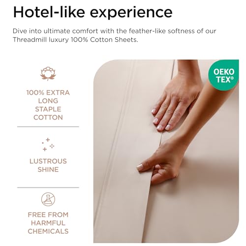 Threadmill Luxury 800 Thread Count Queen 100% Cotton Sheets - Light Beige Sateen Weave Bed-Sheets, Better Than Egyptian Cotton,4 Pc Solid Soft Bedding Set, Fits 16" Deep Pocket - Image 3