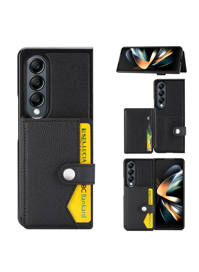 اس-توب جراب لهاتف Samsung Galaxy Z Fold4 5G بنمط الليتشي مع حامل بطاقة بزر واحد - Image 1